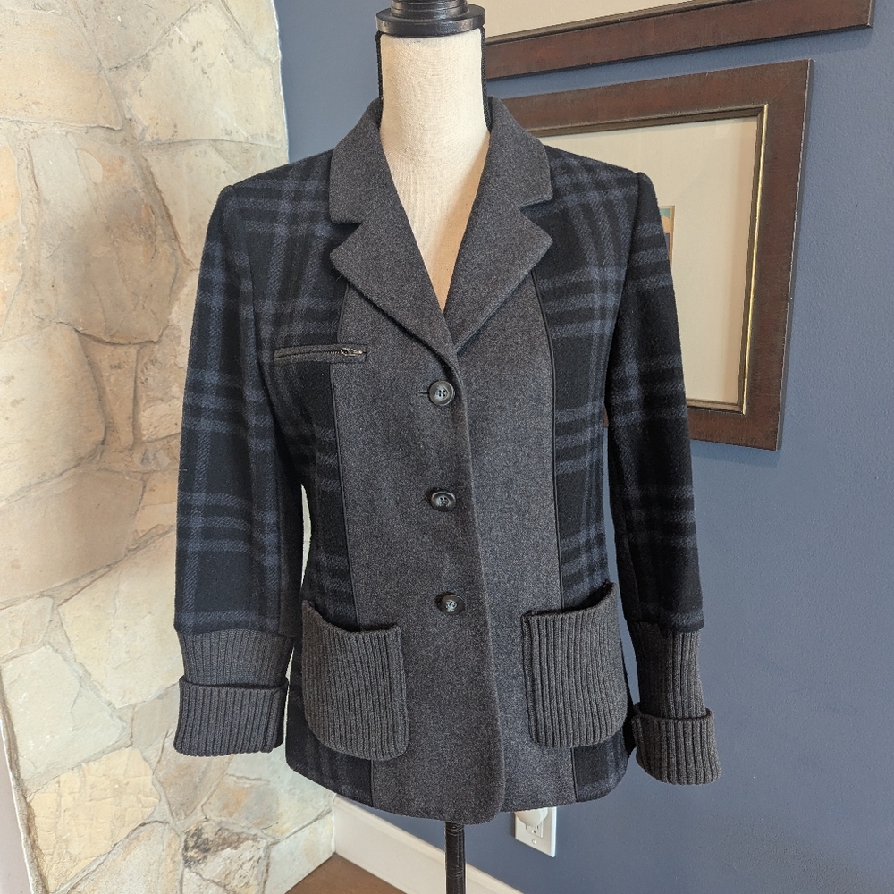 Sundance Mixed Media Blazer In Gray & Blue Plaid